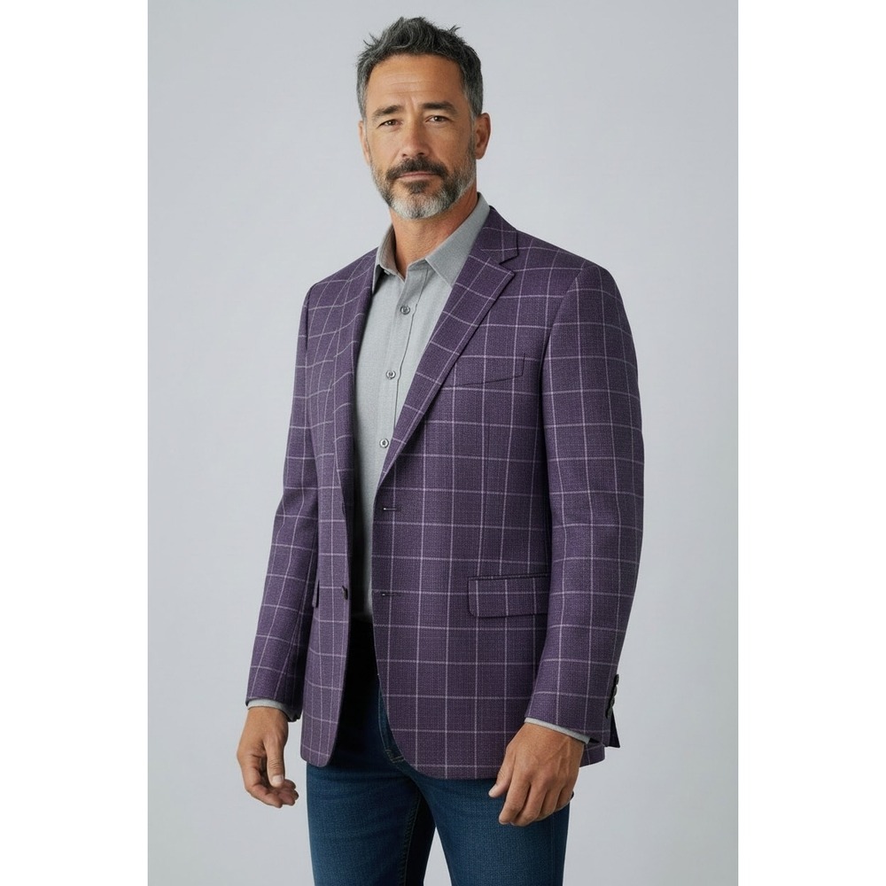Calvin Klein X-Slim Fit Purple Windowpane Plaid Wool Blend Blazer Sport Coat 42R